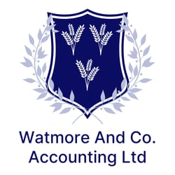 Blue shield with three wheatsheaths surrounded in filigree with the words 'watmore and co. accounting ltd' underneath